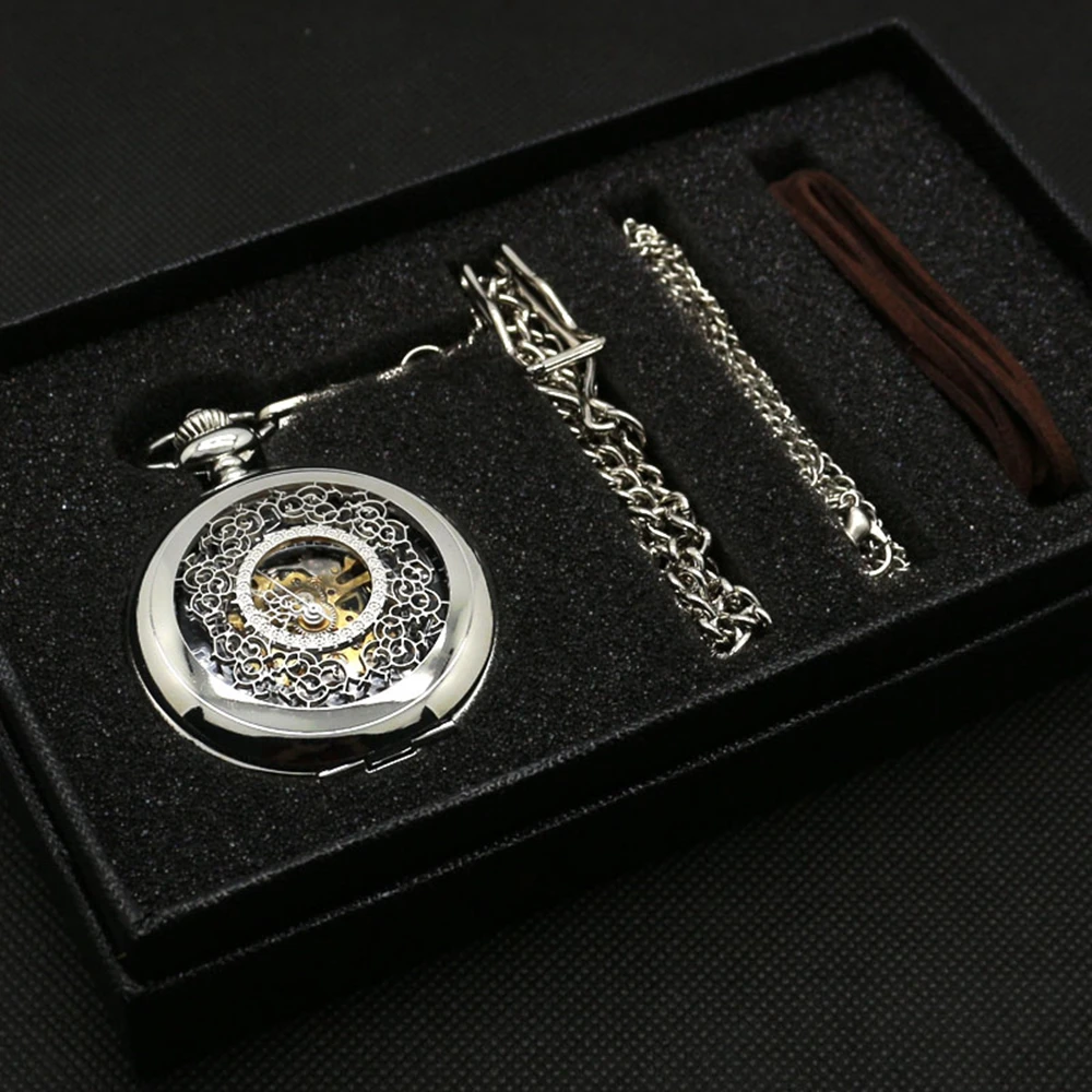 Antique Gift Set Skeleton Steampunk Mechaical Pocket Watch Hollow Carving Flower Pattern Pendant Clock + Gift Box Bag