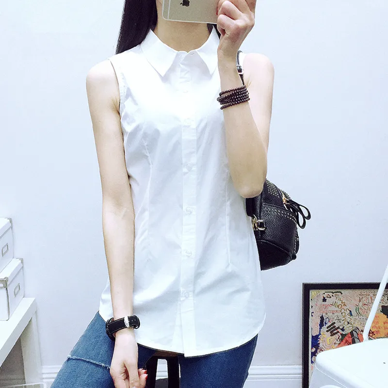 

S-5XL New Women's Cotton Shirt Summer 2021 Elegant Office Lady White T-shirt Sleeveless Slim OL Work Tops Tee Female