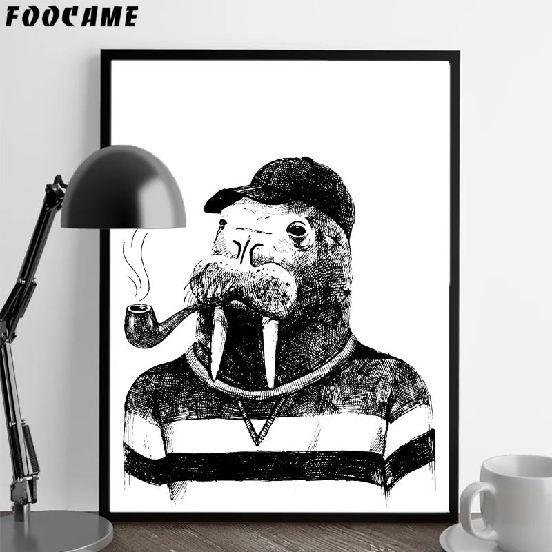 FOOCAME Cartoon Animal Hippo Pipe Black and White Posters Print Art Canvas Painting Home Decor Wall Pictures For Living Room | Дом и сад