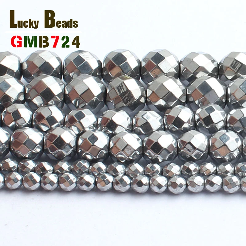 Natural Silver Plated Faceted Hematite Stone Beads For Jewelry Making 15 inches 2/3/4/6/8/10mm Round Spacer Diy | Украшения и