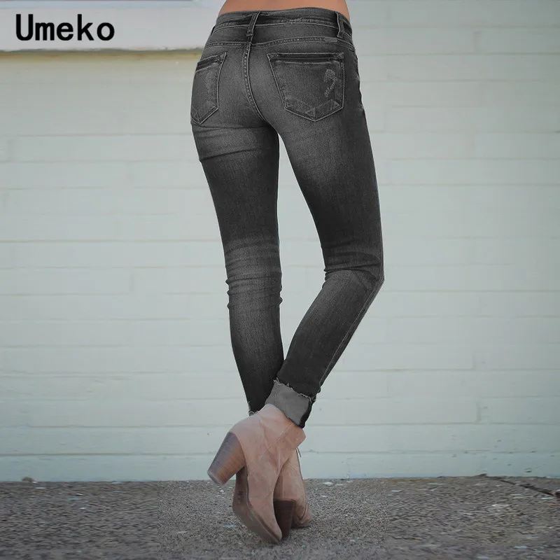 Женские узкие джинсы Umeko синие потертые с высокой талией модные длинные брюки