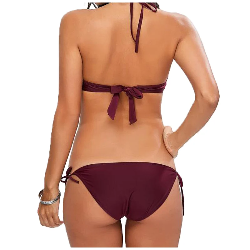 FS Wine Red Retro Hollow Out Female Bikinis Set High Neck Halter Swimsuit 2017 Low Waist Swimwear Brazilian Summer Bathing Suit |