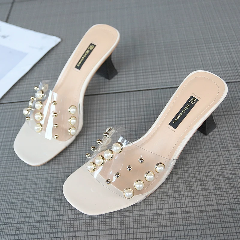 Прозрачный прозрачные тапочки женская обувь шлепанцы с заклепками летние