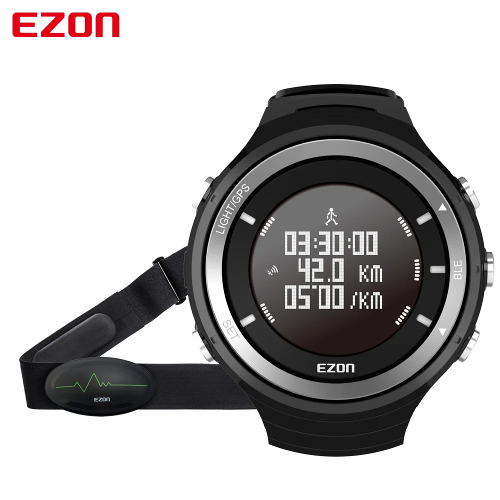 Black EZON T033 монитор сердечного ритма спортивные фитнес-часы Bluetooth gps трекер Шагомер альтиметр барометр наручные часы с нагрудным ремешком - Цвет: Black