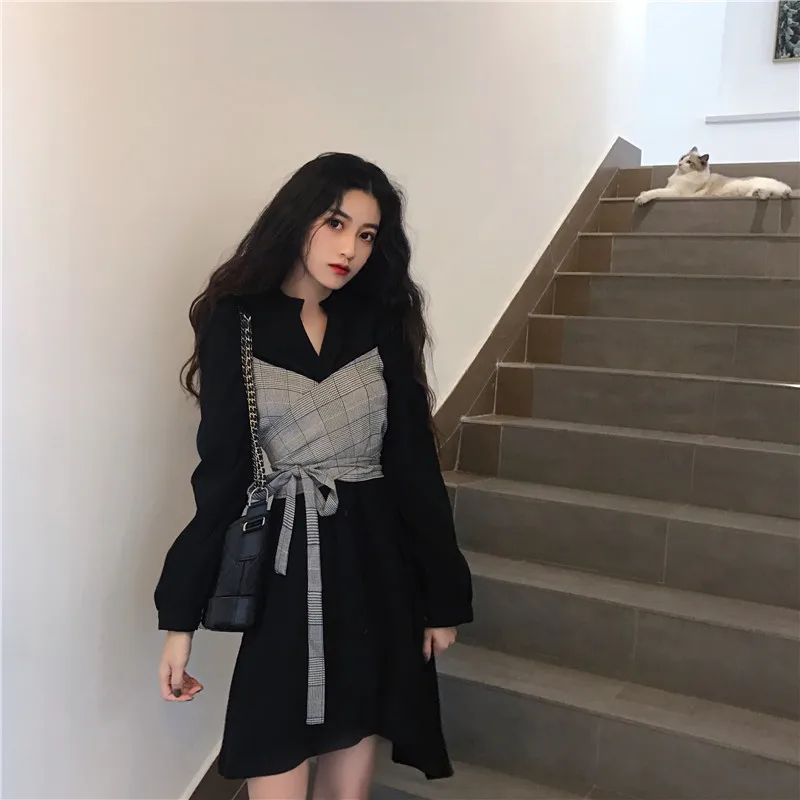 black dress Korobov Новое поступление элегантные клетчатые Лоскутные женские платья с v-образным вырезом и длинным рукавом на шнуровке корейское винтажное летнее платье 77347 - Цвет: black dress