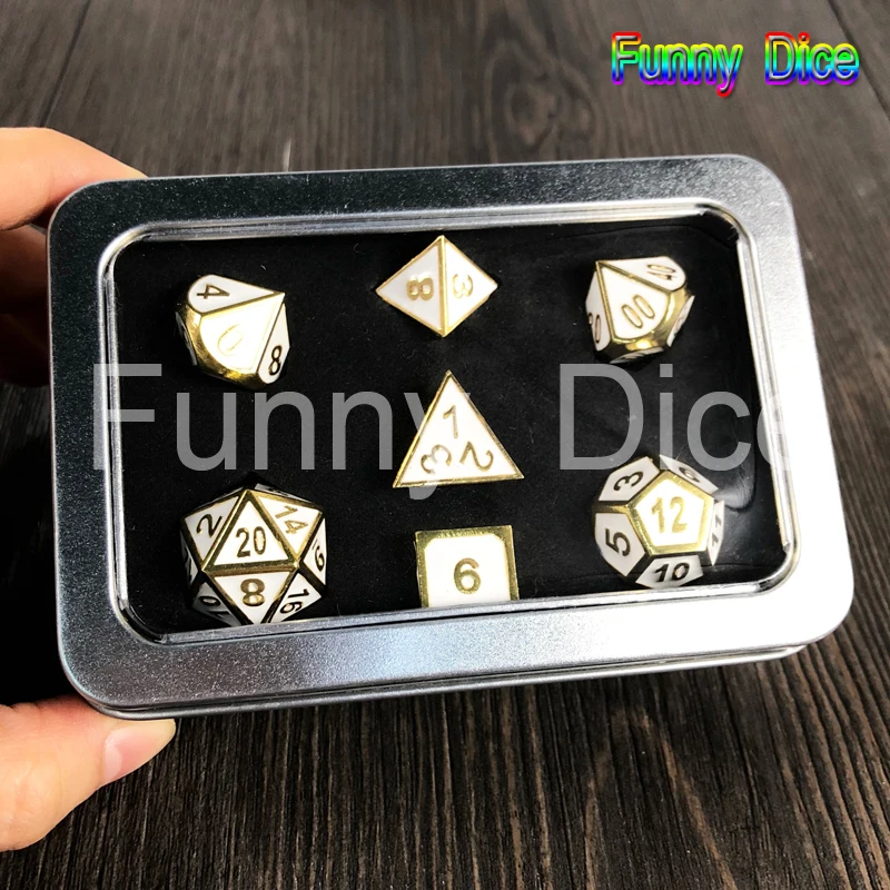 Новые металлические 6 цветов 7 игральные кости D4 D6 D8 D10 D% D12 D20 и металлическая коробка для настольной игры Rpg Dados Juegos De Mesa DND вечерние игральные кости