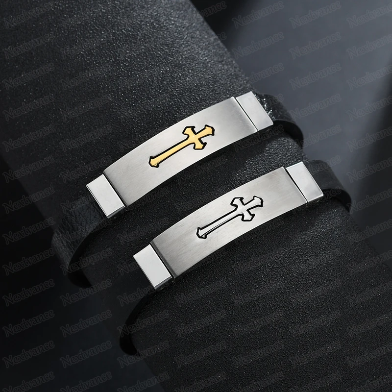 Nextvance Punk Gold Black Cross Leather Bracelet Bff Jesus Crucifix Amulet Bracelets for Christmas Gift Armband Heren | Украшения и