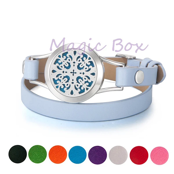 Light Blue Leather Дерево жизни 8 Pad браслет для ароматерапии многоцветный эфирное масло кожаный браслет из нержавеющей стали маленькая коробка женский браслет - Окраска металла: Light Blue Leather