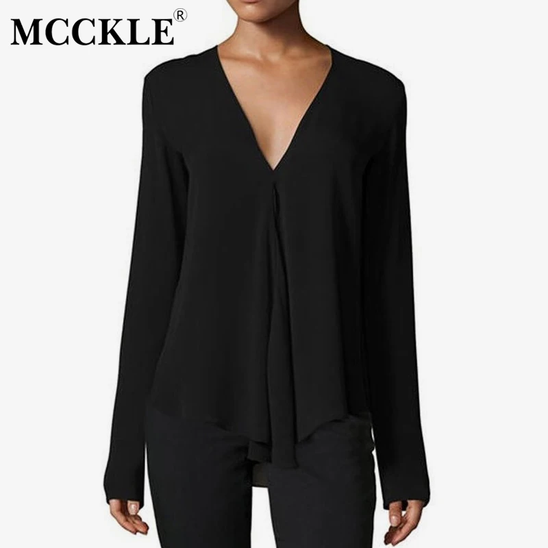 Женская блузка с длинным рукавом шифоновая треугольным вырезом оборками на