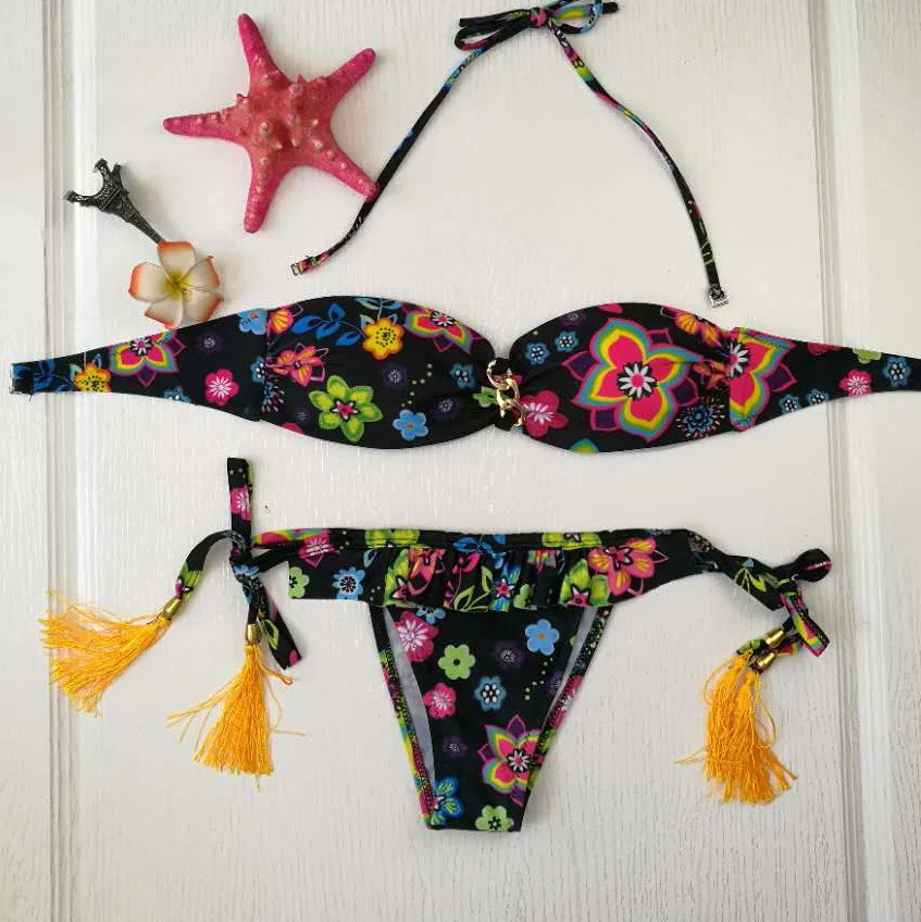

Sexy Brazilian Bikini Set Women Floral Print Swimwear Push Up Swimsuit Micro Biquini Green Bathing Suit Strap Maillot De Bain