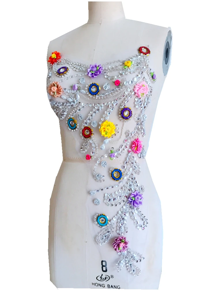 

hand made multicolor flower silver Rhinestones applique on mesh sew on crystal patches trim 54*34cm for dress back