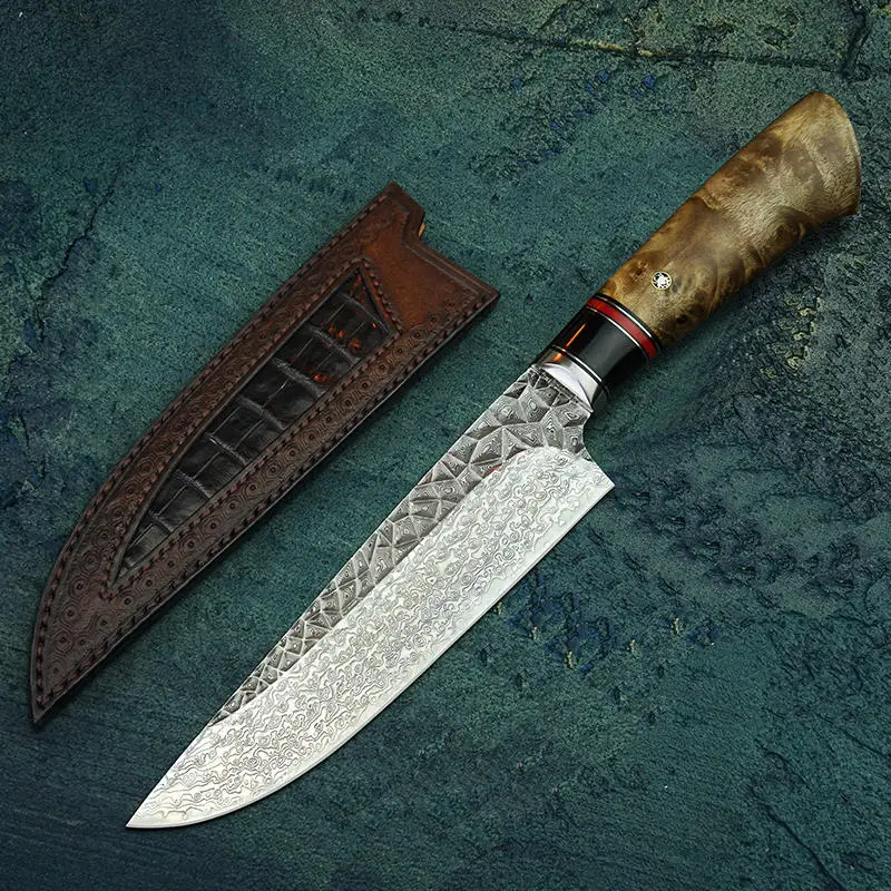 FZIZUO 6," Дамасская сталь VG10 поварской нож в японском стиле Gyuto кухонный нож с ручной резной кожаной оболочкой - Цвет: Diamond