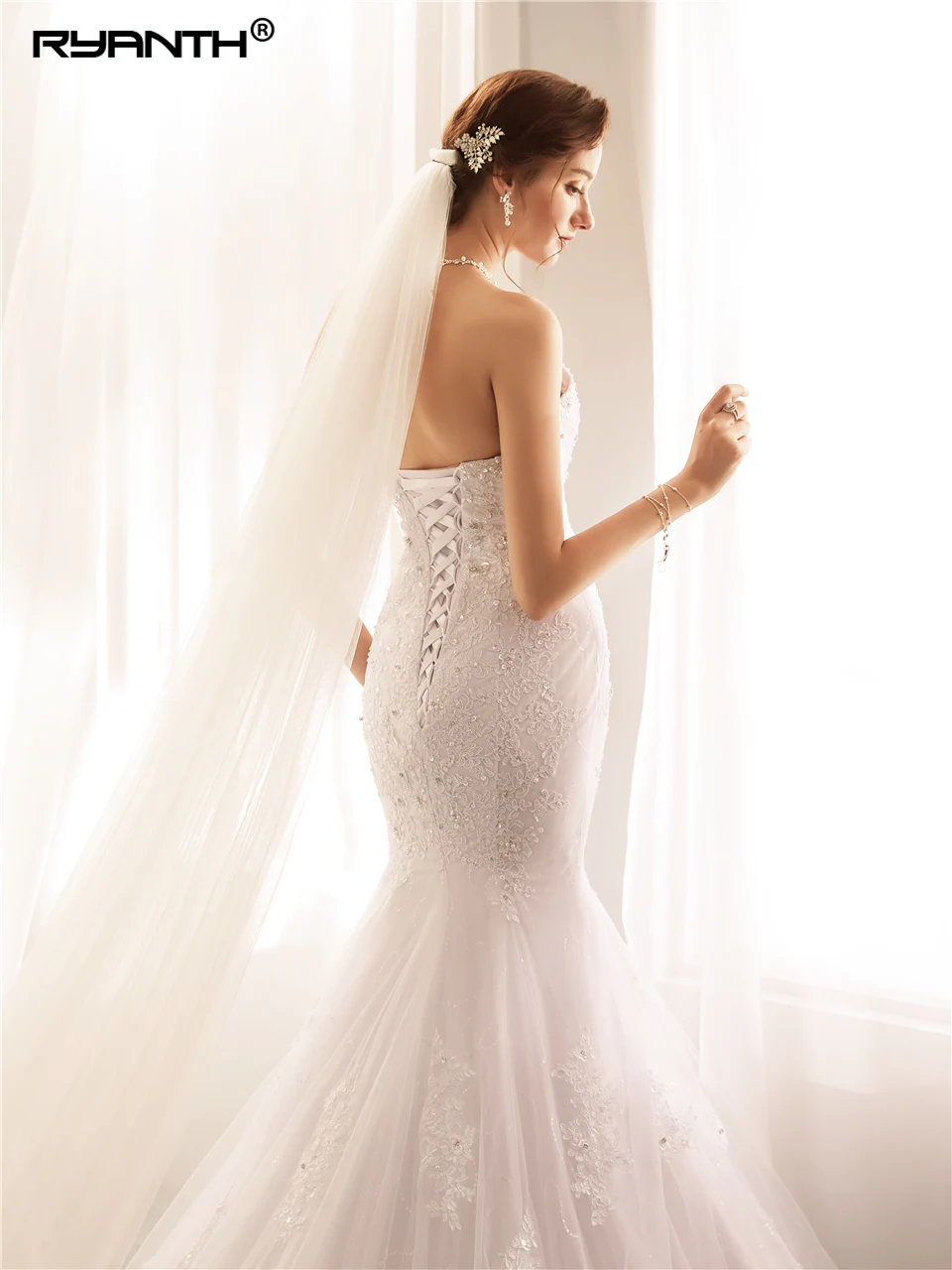 Кружевное Свадебное платье из тюля без рукавов с бусинами и жемчугом|Свадебные