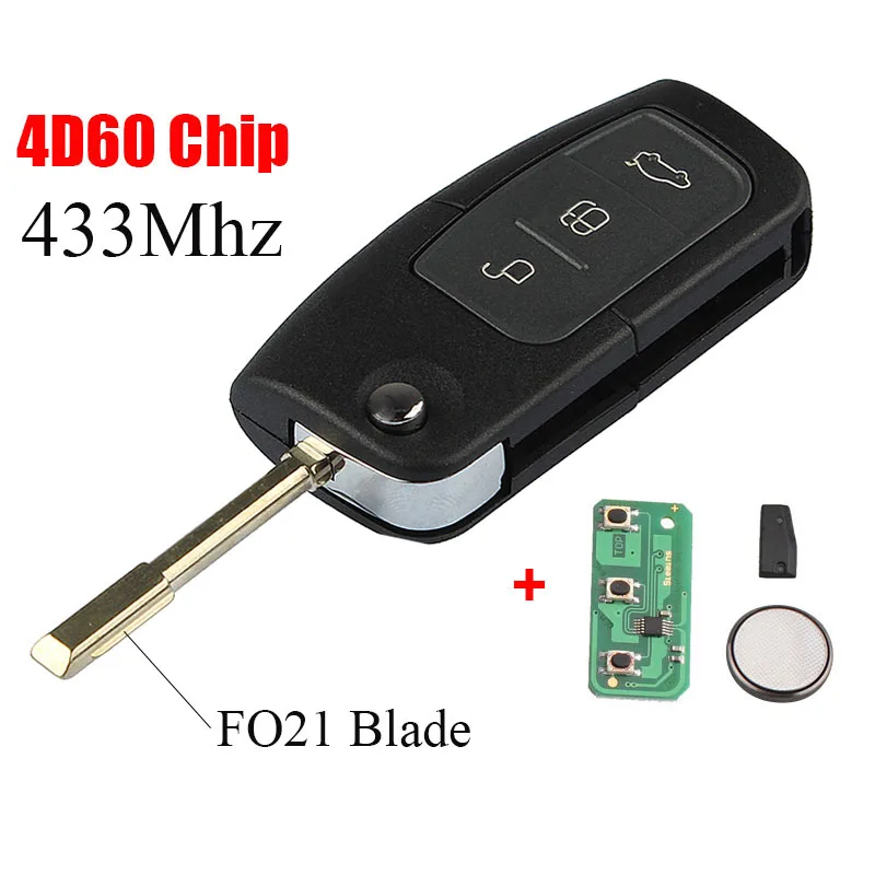 433Mhz 4D60 Chip BHKEY 3 кнопки 433 МГц для FORD Mondeo Focus Fiesta чип транспондера 4D60 или 4D63 чип складной дистанционный ключ-брелок от машины - Количество кнопок: 433Mhz 4D60 Chip