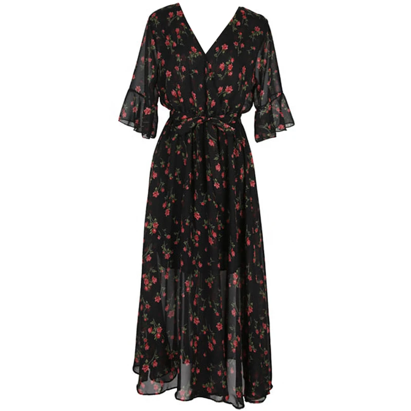 Женское шифоновое платье в стиле ретро с v образным вырезом и роговыми рукавами