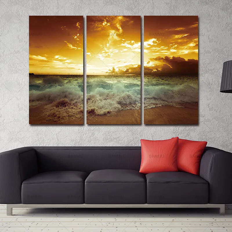 Желтое море пейзаж холст живопись 3 шт. для гостиной Настенный декор картина