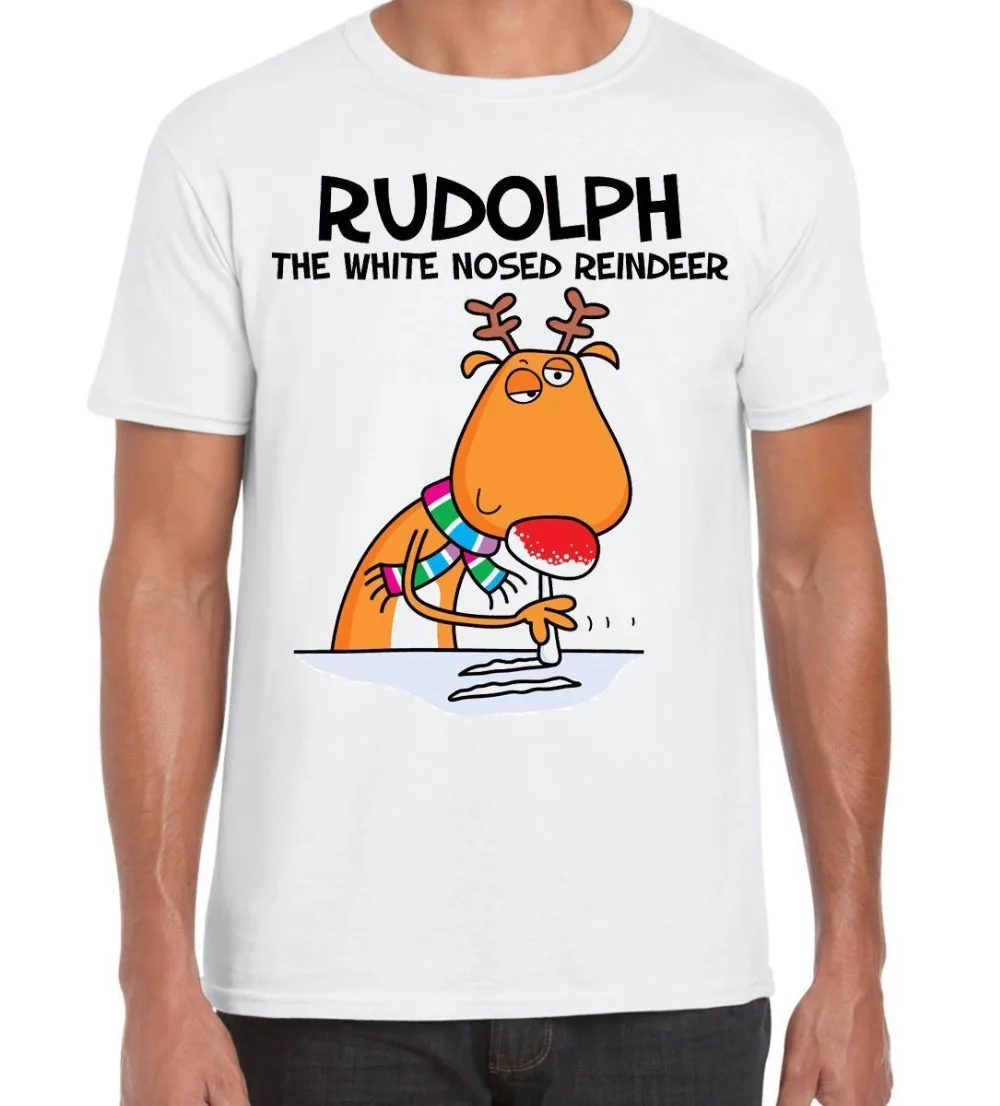 Rudolph с белым носом олень кокаин забавная Рождественская Мужская футболка брендовая мужская Модная уникальная хлопковая армейская футболка с круглым вырезом