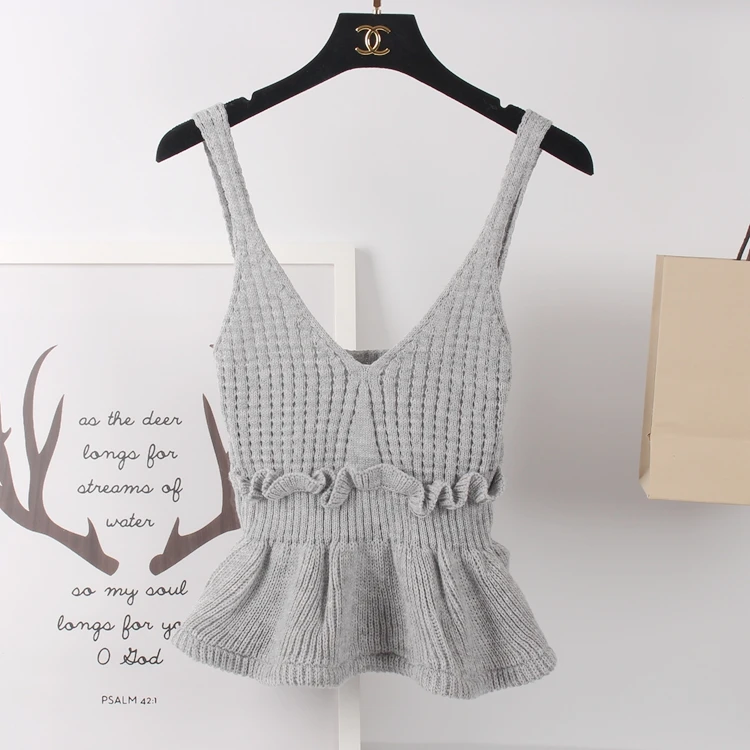 MISSFEBPLUM Korean Harajuku Pullover Women Sweater Vest 2020 Autumn Winter Sleeveless Ruffle Cropped Peplum Tops Knitwear Jumper |