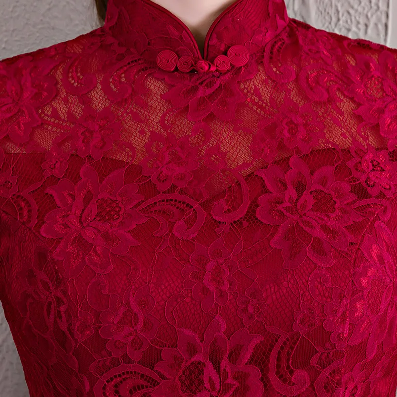 Китайское платье Qipao красное вино вечерние платья новая мода длинное кружевное вечернее платье невесты восточные Свадебные платья Cheongsam