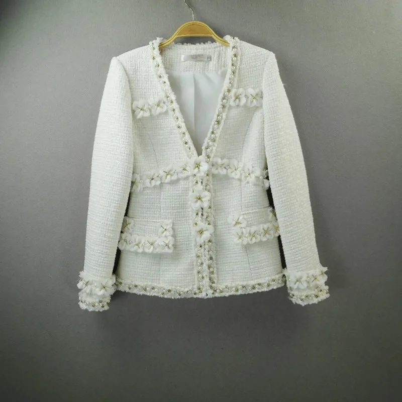 

Top Brand Women High Quality Tweed Coat Flowers Aapplique White Lady Slim Fit Jacket Twill Spliced Pearls Beading V Neck Jackets