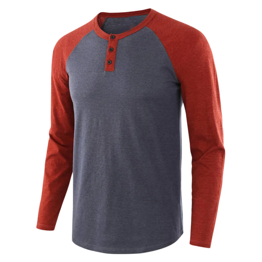 New men's solid color stitching casual long-sleeved t-shirt tops long sleeve men and women round neck shirt | Мужская одежда