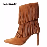 women short ankle boots pointed toe high heels tassel brown black suede stilettos fashion 2019 winter party evening warm shoes