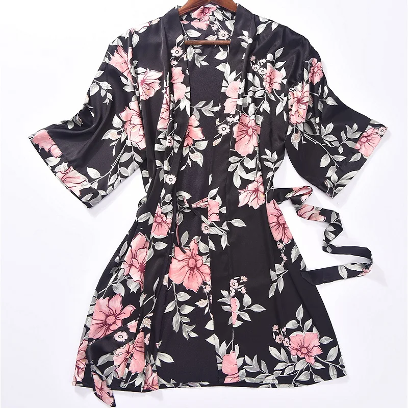 

Satin Kimono Robe 2018 New Summer Dressing Gown for Women Print Bridesmaid Robes Bathrobe Femme Sexy Sleepwear M-XXL Nightwear