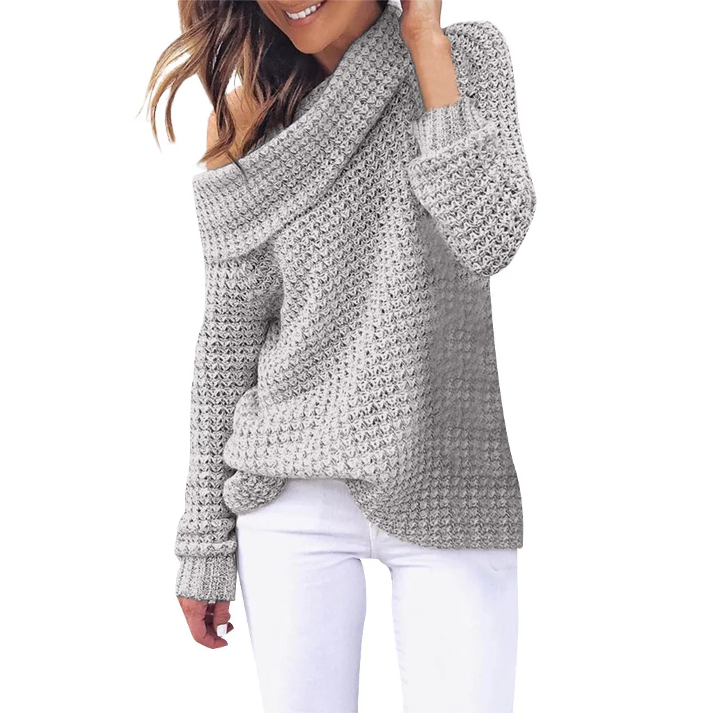 CHAMSGEND Winter Knitting Sweaters Women's Turtleneck Strapless Two Sweater Solid Shoulder Pullover Long Sleeve Blouse No24 | Женская