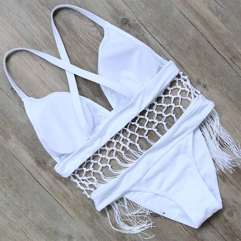 Однотонный черный Бразильский бикини с кисточками купальник бахромой купальные