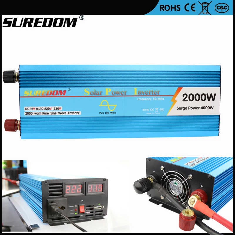 SUREDOM чистая Синусоидальная волна Dc12v к Ac 220 В 2000 Вт пик 4000 Инвертор с цифровым