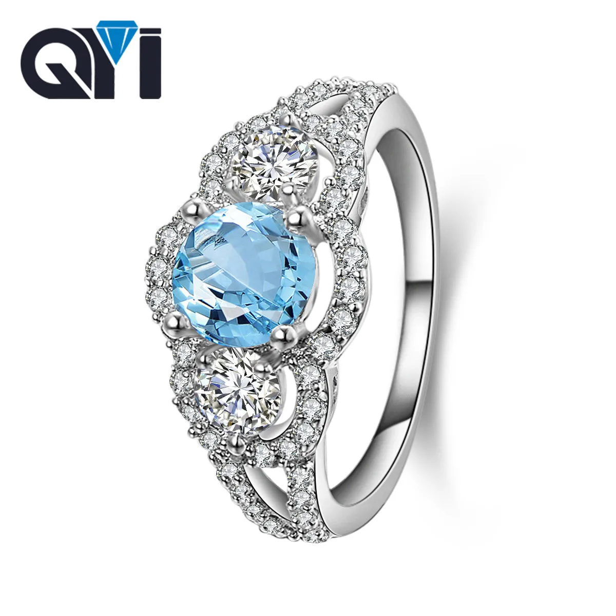 

QYI Luxury 925 sterling silver Natural Sky Blue Topaz Ring 1.25 ct Round Cut Gemstone Finger ring For women Paty Jewelry