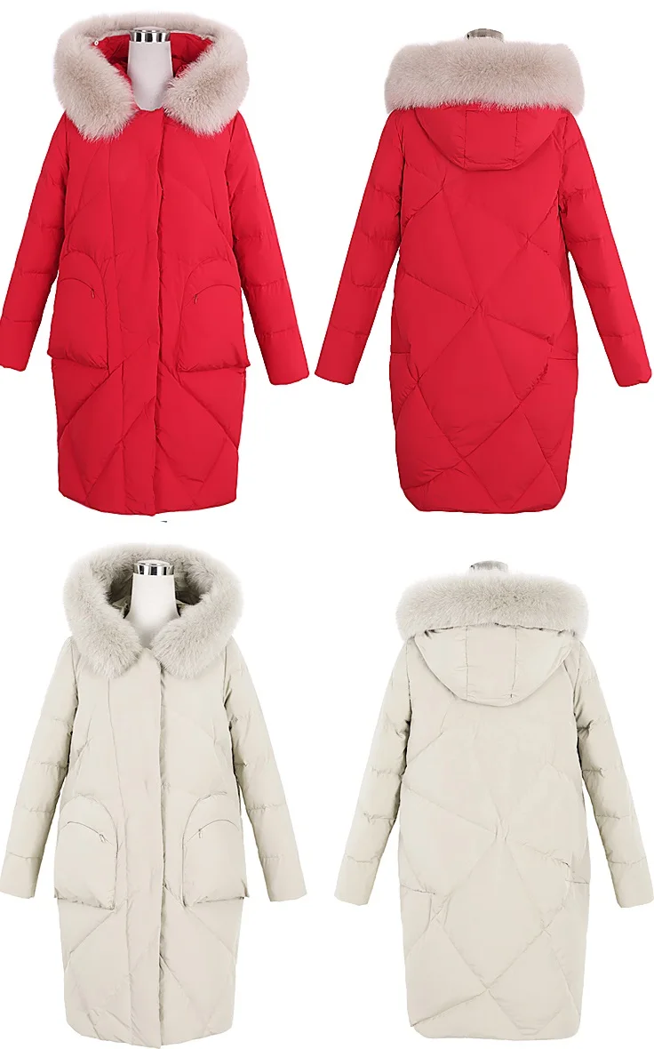 Зимний женский пуховик, модный пуховик с воротником из лисьего меха, женское длинное теплое пальто с капюшоном на белом утином пуху, Женская куртка