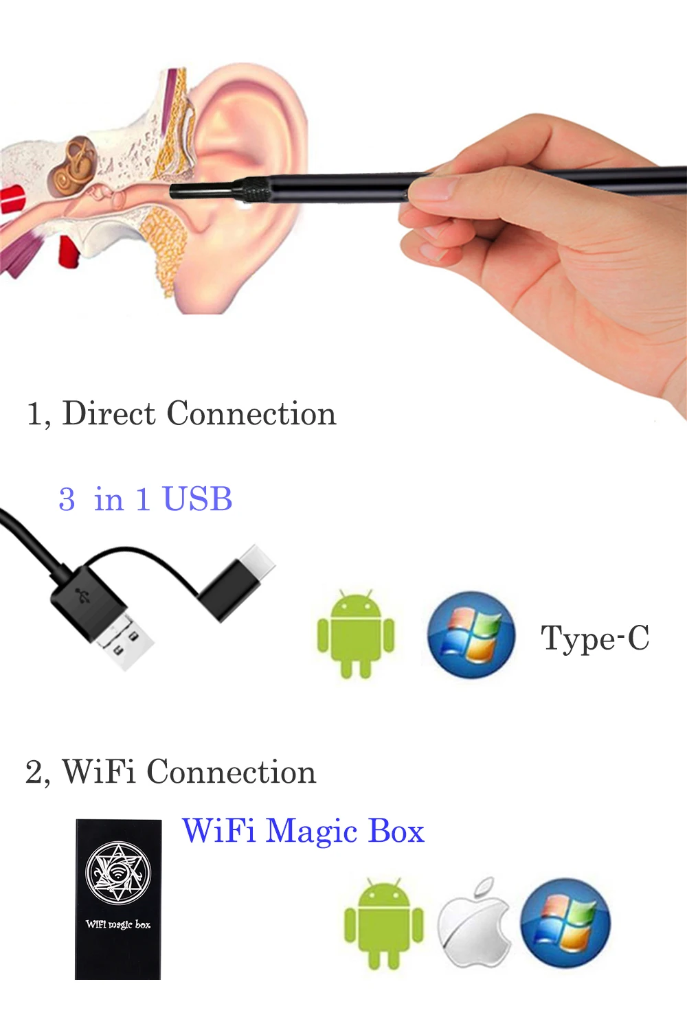3 в 1 wifi USB эндоскоп Отоскоп камера для телефона Android PC, водонепроницаемый беспроводной визуальный очиститель уха