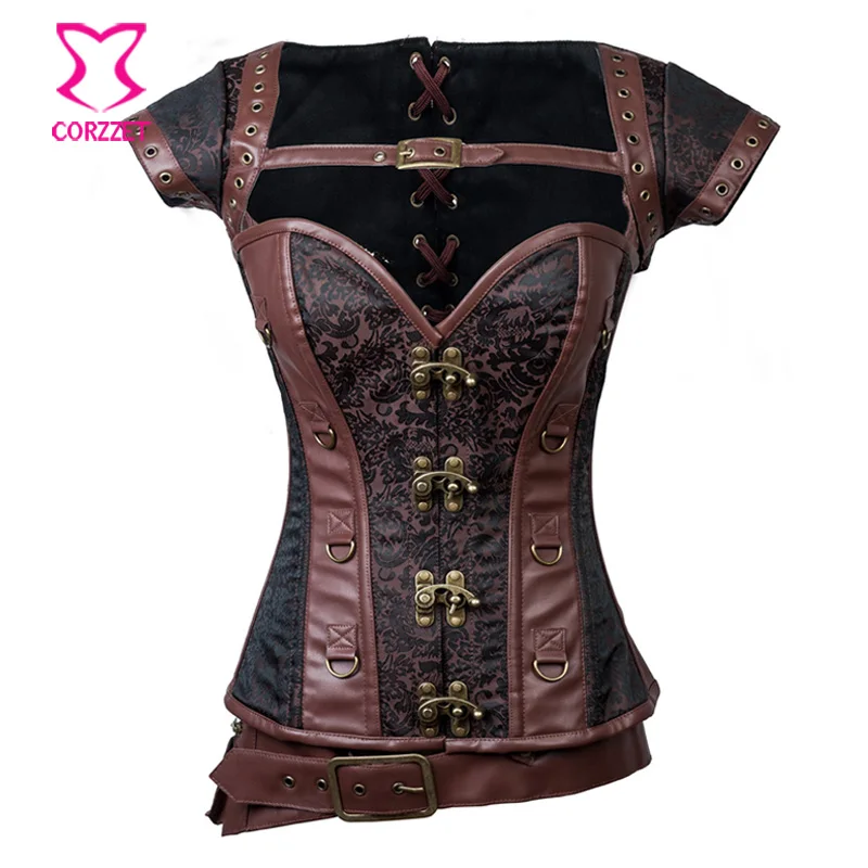Vintage Black/Brown Steel Boned Waist Trainer Corset Steampunk Armor Bustier Jacket Belt Burlesque Plus Size Gothic Clothing | Женская