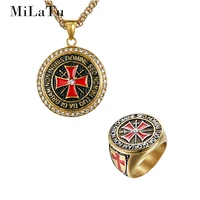 retro christmas knight iron cross jewelry set for men stainless steel cz stone red enamel cross necklace ring t063g