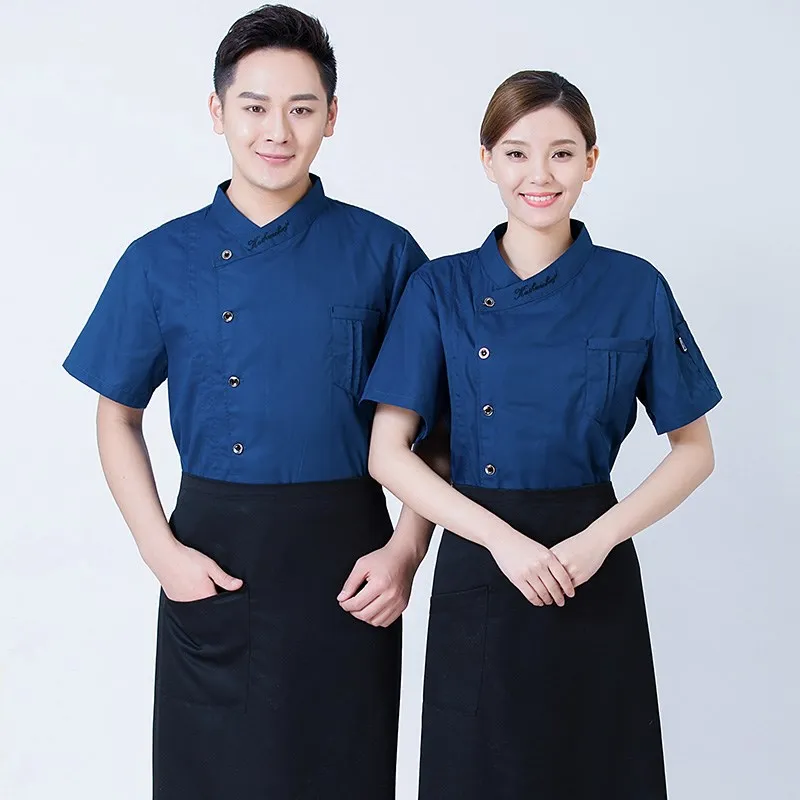 

Restaurant cook Uniform Unisex Casual Soft Chef Jackets Short Sleeve Oblique Collar Kitchen Catering clothes