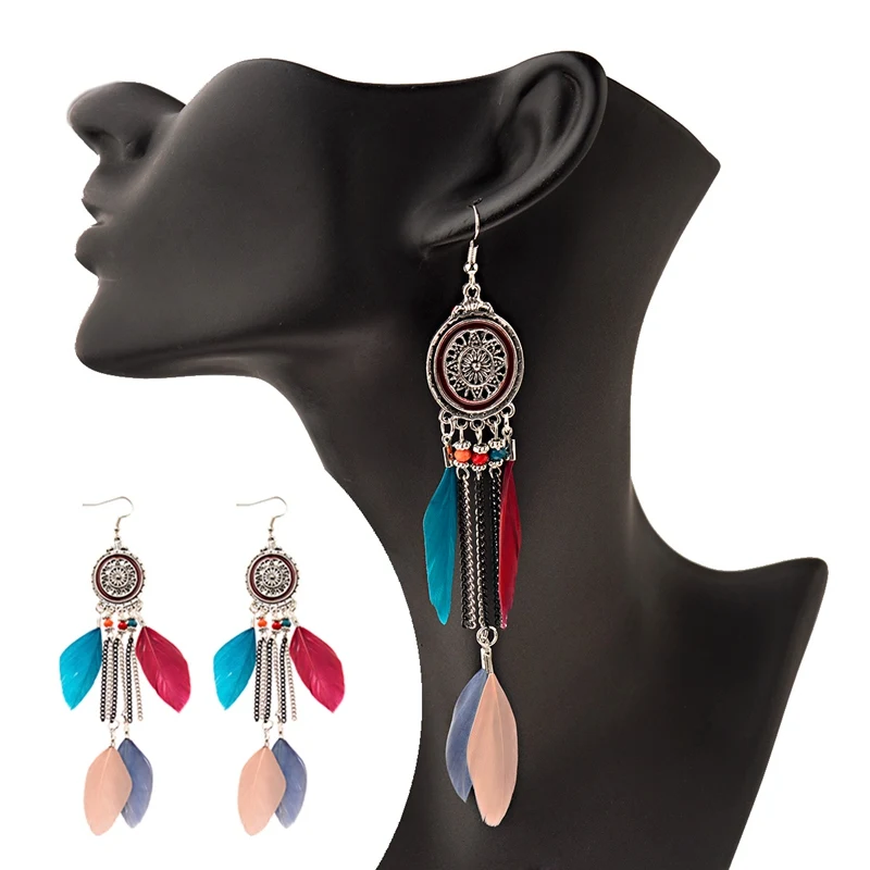 Модные женские этнические богемные бохо серьги с перьями тибетские ювелирные