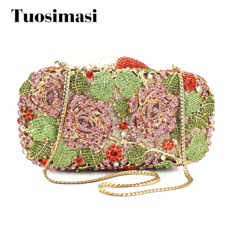 2015 New Graceful Rose Flower Shape Handmade Crystal Clutch Bag