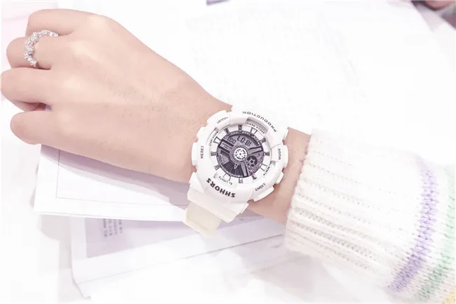 white silver color Новые многофункциональные электронные спортивные часы женские водонепроницаемые силиконовые студенческие наручные часы с большим циферблатом подарок Montre Femme - Цвет: white silver color