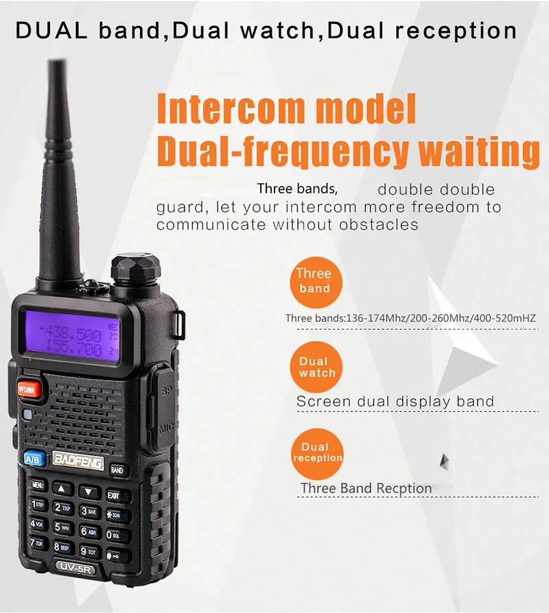 BaoFeng UV-5R три полосы 136-174/200-260/400-520-рация 10 км для приемопередающей радиостанции УКВ, мобильная радиоантенна