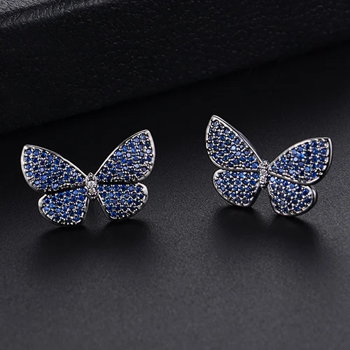 Blue SISCATHY полный кубический цирконий Эффектные серьги 4 цвета Подвески Корейская бабочка серьги гвоздики для женщин модные ювелирные изделия - Окраска металла: Blue