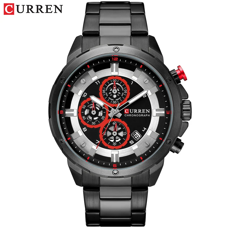 black red Роскошный бренд CURREN Новые Мужские Простые Модные деловые повседневные часы с хронографом и датой синие стальные кварцевые часы из нержавеющей стали montre - Цвет: black red