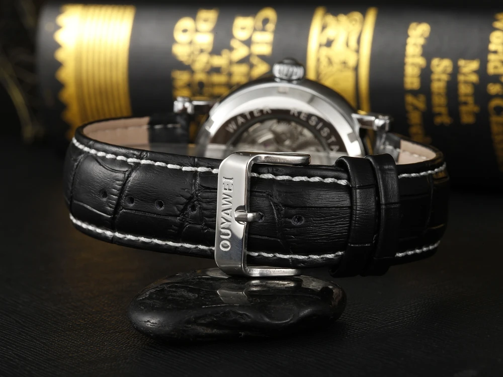 OUYAWEI Роскошные автоматические Аналоговые мужские часы с кожаным ремешком