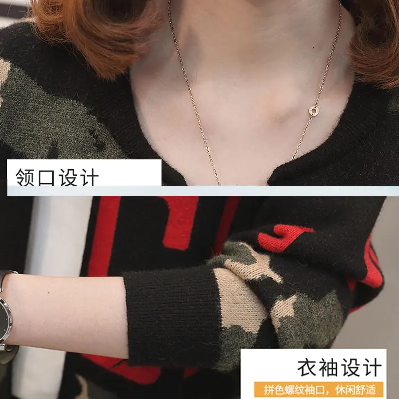 Камуфляжный вязаный женский кардиган осень 2019 модное повседневное Свободное