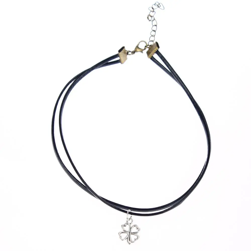 Очаровательное кожаное ожерелье с подвеской в виде четырехлистного клевера|leather