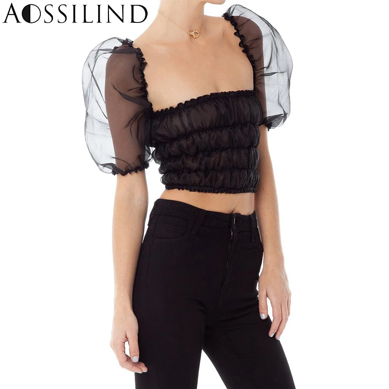 AOSSILIND прозрачный Ruched укороченный Топ для женщин короткий рукав белый черный