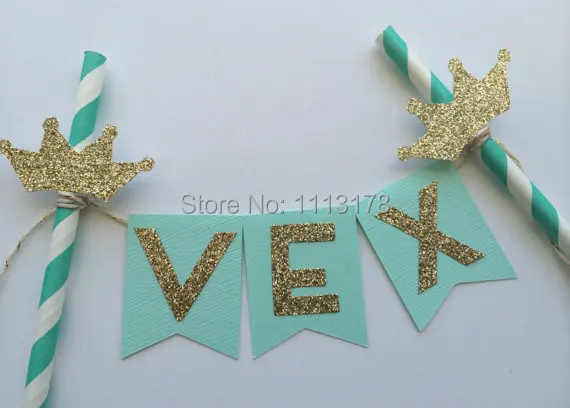 

Turquoise Cake Bunting Banner Gold Crown. 1st Birthday Cake toppers Princess Prince Party Birthday bridal baby shower decor