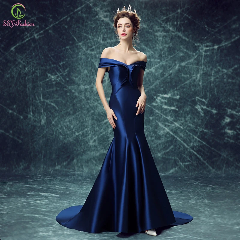 Роскошный SSYFashion Королевский синий атласный Сексуальный рыбий хвост вечернее платье невесты тонкий банкет с открытыми плечами на шнуровке длинное платье для выпускного вечера