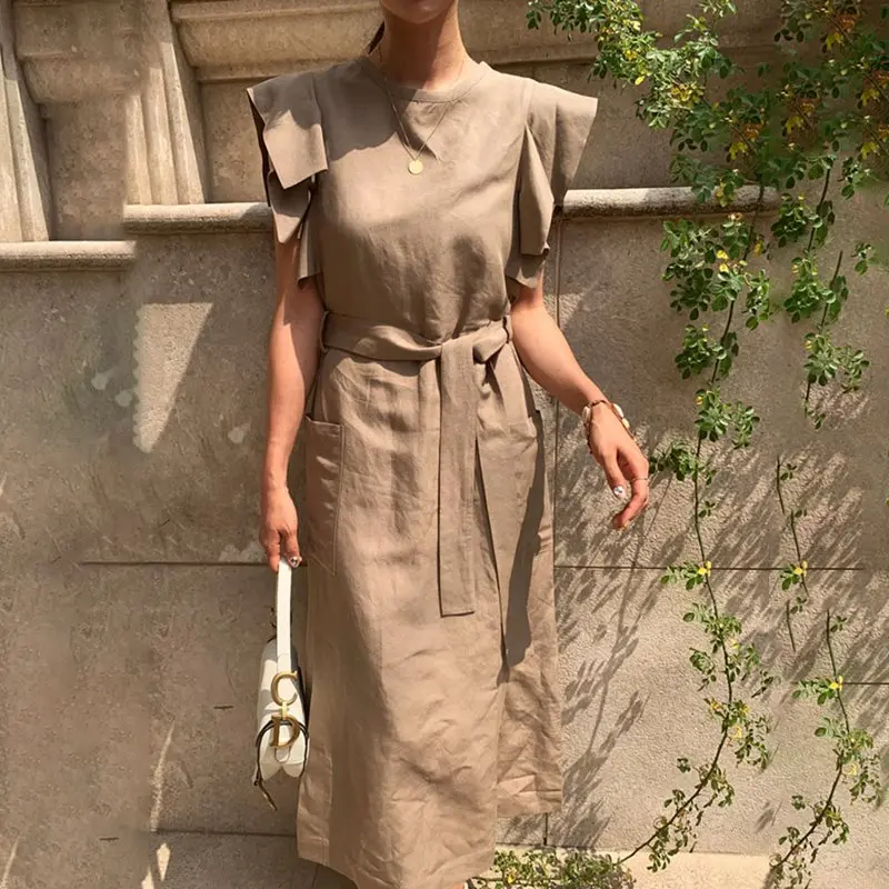 Женское платье миди в Корейском стиле рюши пояс элегантные карманы стильные