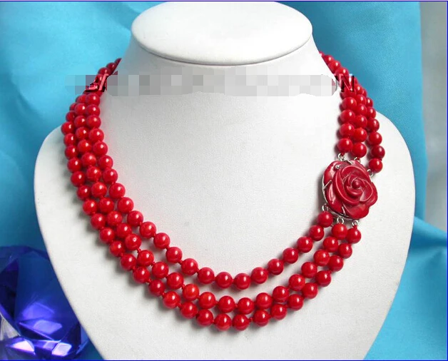 

FREE shipping Elegant! 3row round red coral necklace